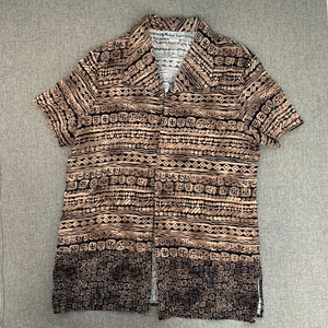 Vintage Michael Taylor Apparel Womens Open Blouse Size 16 Tan Black Short Sleeve